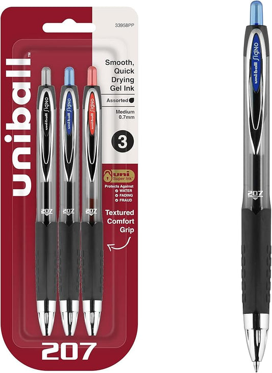 uniball 207 Retractable Gel Pens, Medium Point (0.7mm), Assorted, 3 Pack