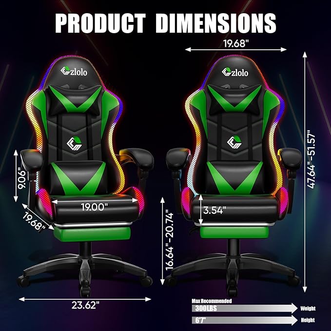 Gaming Chair, RGB LED Lights Computer Chair with Footrest, Lumbar Support Massager Gamer Chair, High Back, 90-135° Reclining, Linkage Armrests, Green
