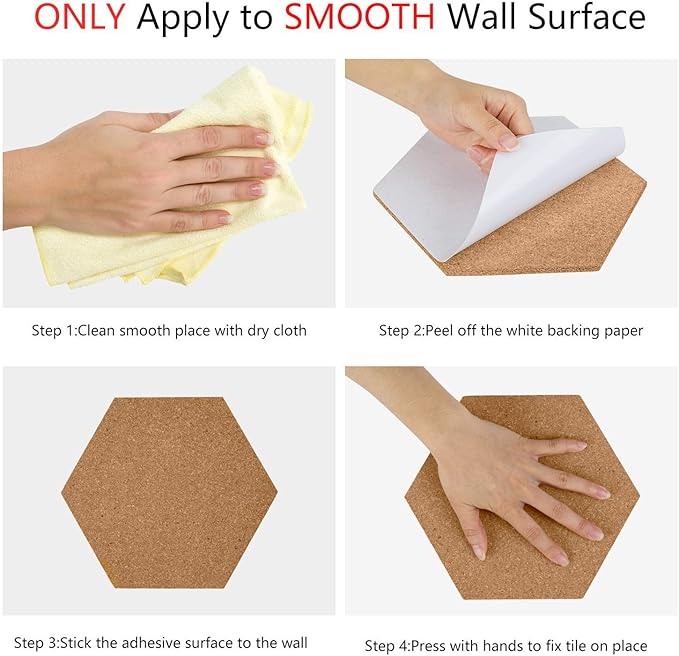 HBlife 10 Pack Hexagon Self-Adhesive Cork Board Tiles Mini Wall Bulletin Board with 50 Multi-Color Push Pins 12" x 10"
