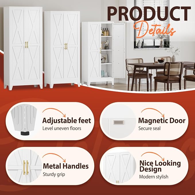 PAOFIN 71" H Kitchen Storage Cabinet with Doors | Freestanding Pantry Cabinet,Farmhouse Food Storage Cabinets,Tall Cabinets for Kitchen, Dining Room, Living Room(White)