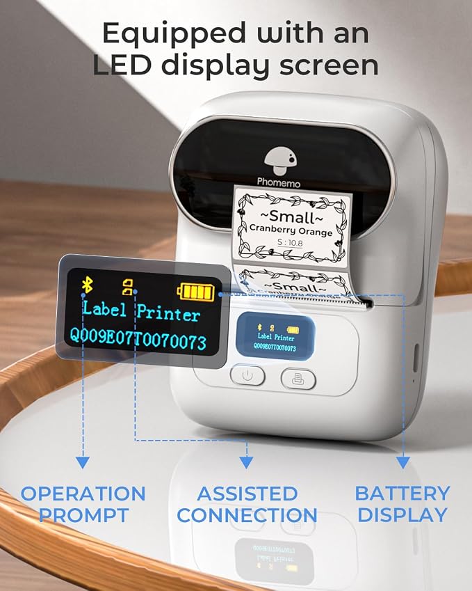 Phomemo M110 Label Printer, Portable Thermal Label Maker with Display | Easy to Use, 2 Inch Bluetooth Themral Printer for Small Business, Home, School, Organization, APP with 6000+ Templates, White