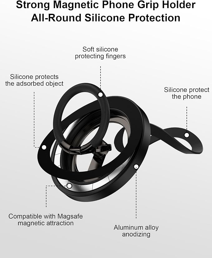 Dual-Sided Magnetic Phone Ring Grip for Apple iPhone 17 16 15 Pro, Android | iPhone Ring Holder Grip 360° Rotatable Mag Safe Kickstand Accessory for iPhone 17/16/15/14/13/12, Samsung, Mag Car Mount