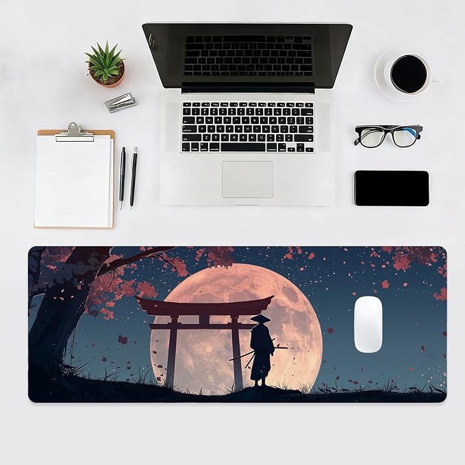 Japanese Samurai Gaming Mouse Pad, Desk Mat, Large Mousepad with Non-Slip Rubber Base XL Extended, Big Keyboard Mat Office&Home, Gamers, 31.5x11.8in, Cherry Blossom