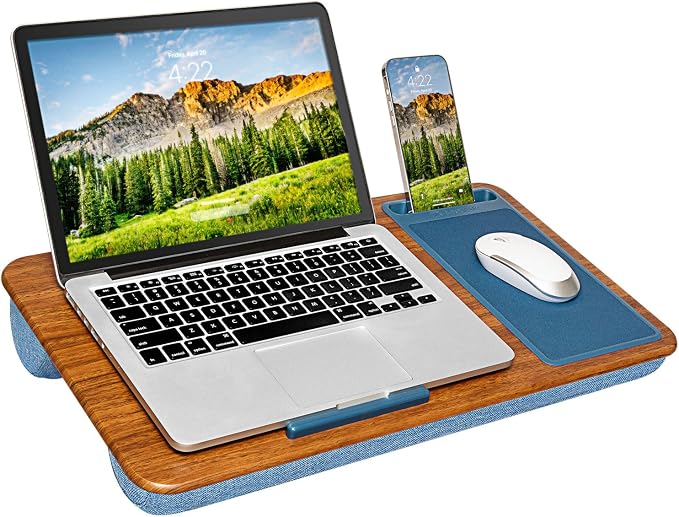 LAPGEAR Home Office Lap Desk – Espresso Blue, Fits 15.6” Laptops | Built-In Mouse Pad & Phone Slot, Integrated Device Ledge, Dual-Bolster Microbead Cushion, Carry Handle