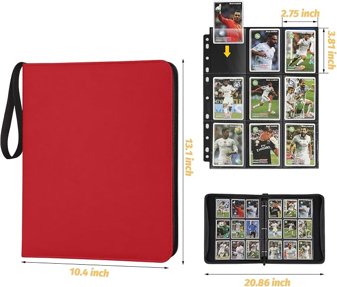 GERMUN 3 Ring 9 Pocket Zipper Card Binder, 720 Double Sided Standard PU Trading Card Album Folder for TCG & Sports Cards, Not Fit Top Loaders (RED)