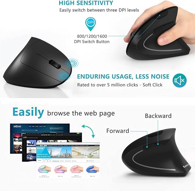 Lekvey Ergonomic Mouse, Rechargeable Vertical Wireless Mouse, Comfort Grip | Long Battery Life, USB-C Charging, Quiet Click, Carpal Tunnel Support, 2.4G Wireless, 3DPI 800/1200/1600, for Laptop, Mac, PC