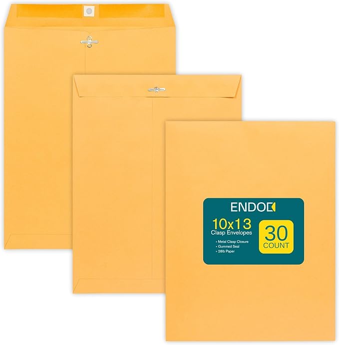 EnDoc Clasp Envelopes 10x13 Inch - 30 Pack Brown Kraft Catalog Envelope with Clasp Closure & Gummed Seal - 28lb Heavyweight Envelopes for Home, Office, Business, Legal or School 10x13