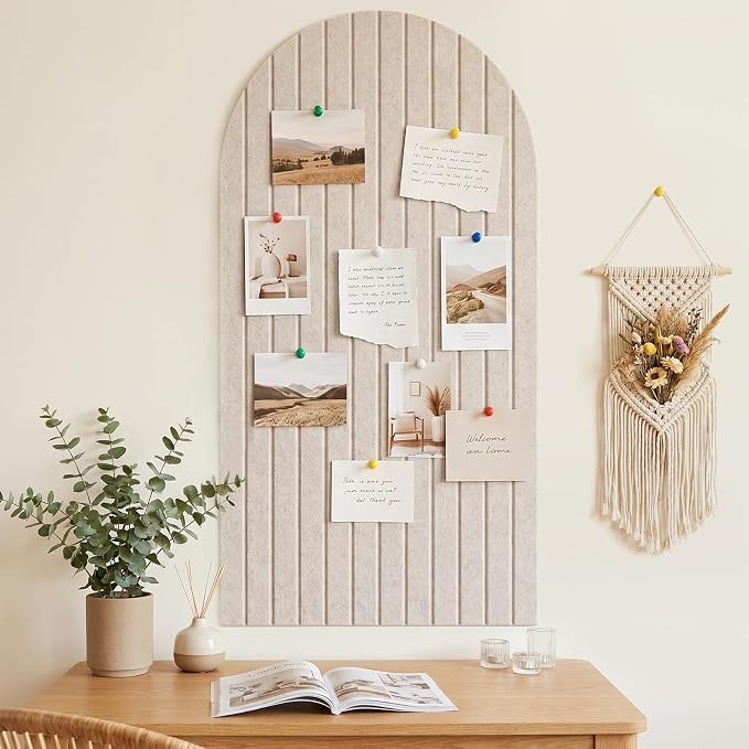 Arched Felt Bulletin Board 47" x 24", High Density Cork Board Alternative for Office & Wall Decor, DIY Corkboards for Wall with 30 Push Pins & 50 Adhesive Tabs, Picture-Board for Home (Beige)