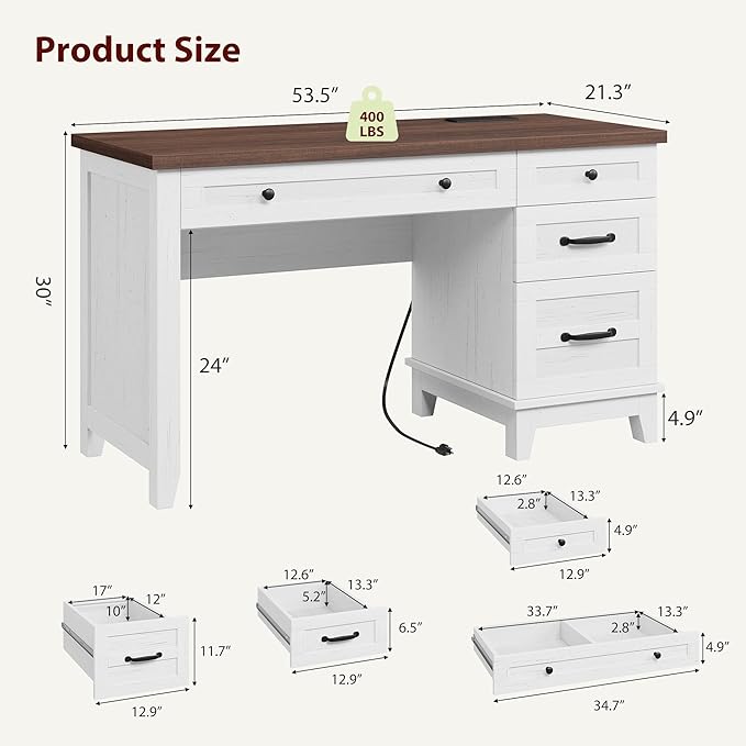 Garvee 53.5" Wooden Home Office Desk with File Drawers, Executive Desk with Power Outlet, Farmhouse Wood Desk with Storage, Distressed Study and Work Table, Rustic White