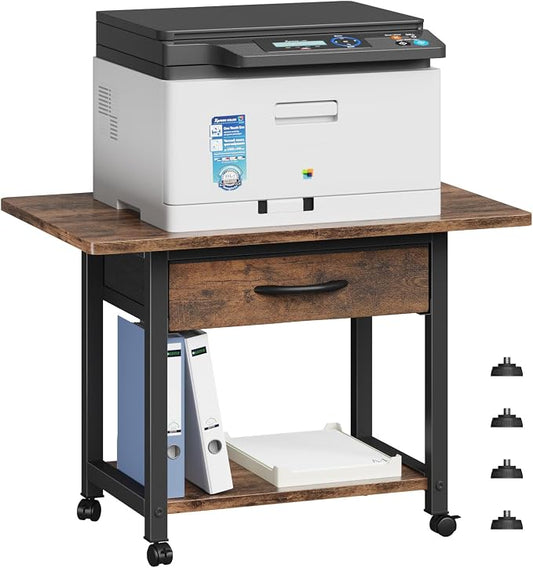 YAOHUOO 22"x15" Large Printer Stand with Drawer, 2-Tier Rolling Table Cart | Under Desk Printer Table,Storage Fabric Drawer,Fit printer/fax/3d/scanner,4 Lock Wheels or Feet,For Home Office Dorms,Brown