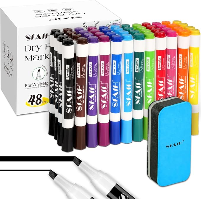SFAIH Dry Erase Markers Chisel Tip with Magnetic Whiteboard Eraser, 48 Bulk 12 Colors White Board Markers for School Office, Versatile Lines,1s Quickly Dry, Spring Craft Supplies for Teachers