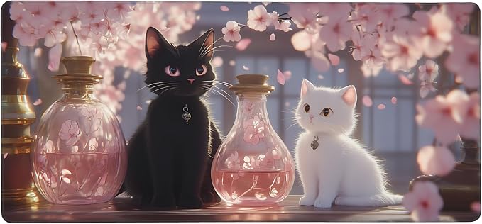 Cute Anime Black&White Cat Gaming Mouse Pad, Pink Dreamy Desk Mat with Anti-Slip Base & Stitched Edges,35.4" x 15.7" in Table Mat for Computer Desktop, Beautiful Workstation Decor
