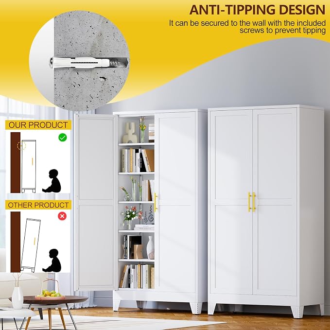 PAOFIN 79" Tall White Kitchen Pantry Cabinet, Metal Storage Cabinet | with 2 Doors and 5 Adjustable Shelves, Steel Freestanding Wider Cupboard for Kitchen Dining Bathroom Bedroom(New Update)