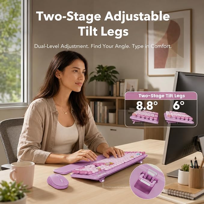 Wireless Keyboard and Mouse, Round Keycaps, Magnetic Wrist Rest, Lilac | Full-Size Retro Typewriter-Style Keyboard, Tilt Legs, Auto Sleep, 2.4GHz Cordless for MacOS, Windows PC, Laptop, SABLUTE