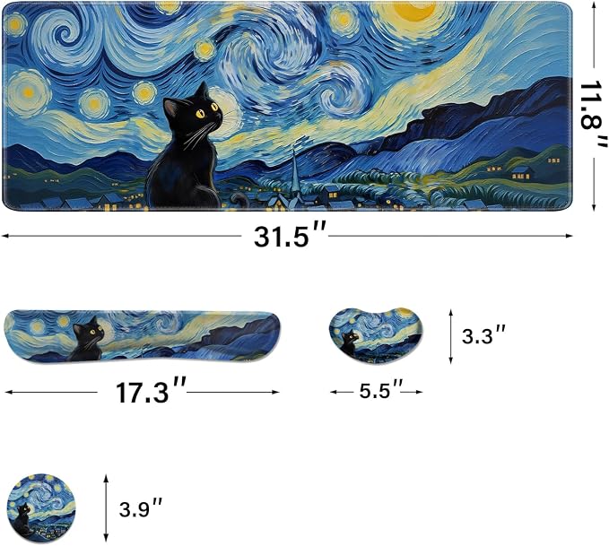 Desk Pad and Keyboard Wrist Rest, Large Mouse Pad + Keyboard Pad+Mouse Wrist Support, Non-Slip Desk Mat Protector for Office, Home 31.5×11.8 Inches Starry Night Cat