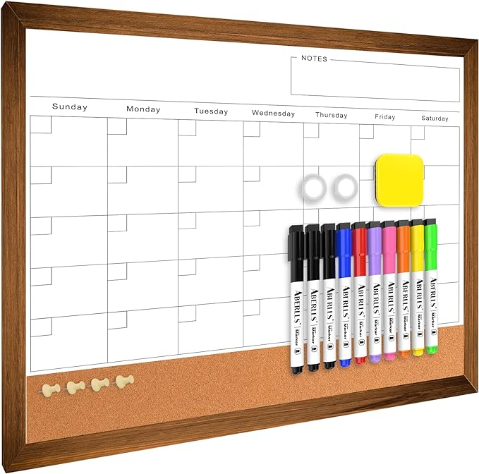 White Board Calendar Dry Erase Board for Wall, Magnetic WhiteBoard, 17"x13" | Hanging Board, Brown Wood Frame White Board and Cork Board Combo, Calendar Bulletin Board for Kitchen Planner Memo Office