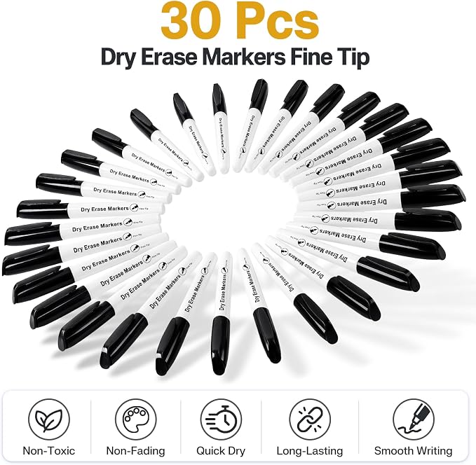 V-Opitos 30 Pack Fine Tip Dry Erase Markers - Bulk Whiteboard Erasable Black Markers, Ideal for School Classroom Office Supplies, Non-Toxic & Easy Clean for White board