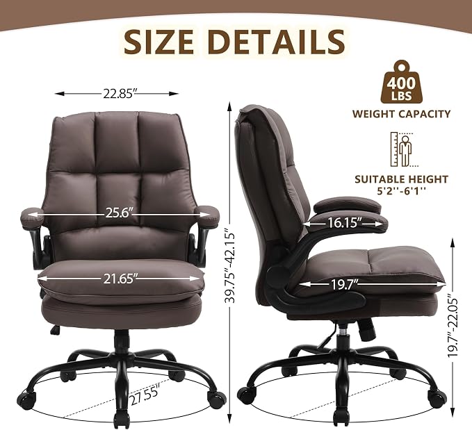 Comfy Office Chair Soft and Double Cushioned Ergonomic Computer Desk Chair | Suitable for Long Hours Executive Office Chair with Flip-up Armrests and Height Adjustment for Home Office Brown