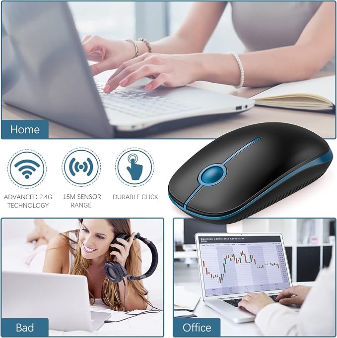 VssoPlor Wireless Mouse, 2.4G Computer Laptop Mouse, Black Sapphire Blue | Slim Portable Mouse, Plug & Play USB Nano Receiver, Quiet Silent Optical Mice for Notebook, PC, Laptop, Computer