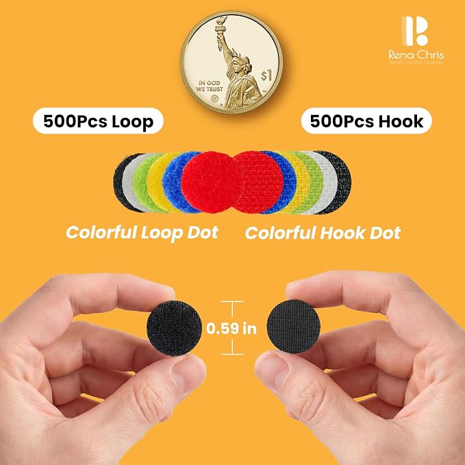 Self Adhesive Dots, Strong Adhesive 1000pcs (500 Pairs) 0.59" Diameter Sticky Back Nylon Dots, Hook & Loop Dots with Waterproof Sticky Glue Tapes, Suitable for Classroom, Office, Home (Multi-Color)