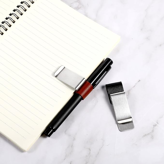 2 Pcs Pen Loop for Notebook, PU Leather Retro Pen Clips Metal Pens Loop Holder Notebook Pens Sleeve for Journal Notebooks Planner Clipboard Office (Black Silver + Brown Silver)