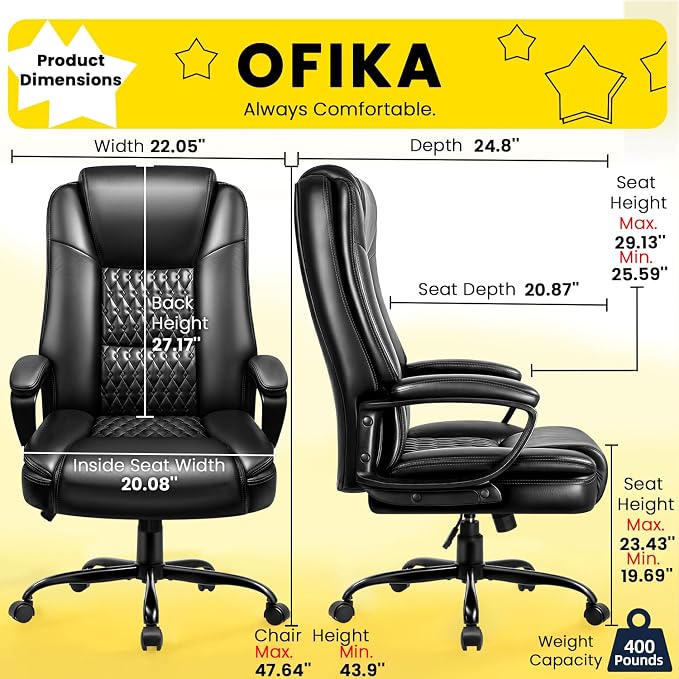 Ergonomic Leather Office Dsek Chair,Executive with Lumbar Support | Big and Tall Design,275LBS Capacity,Executive with Padded Armrests,Computer Desk Use,2026 Upgraded Model