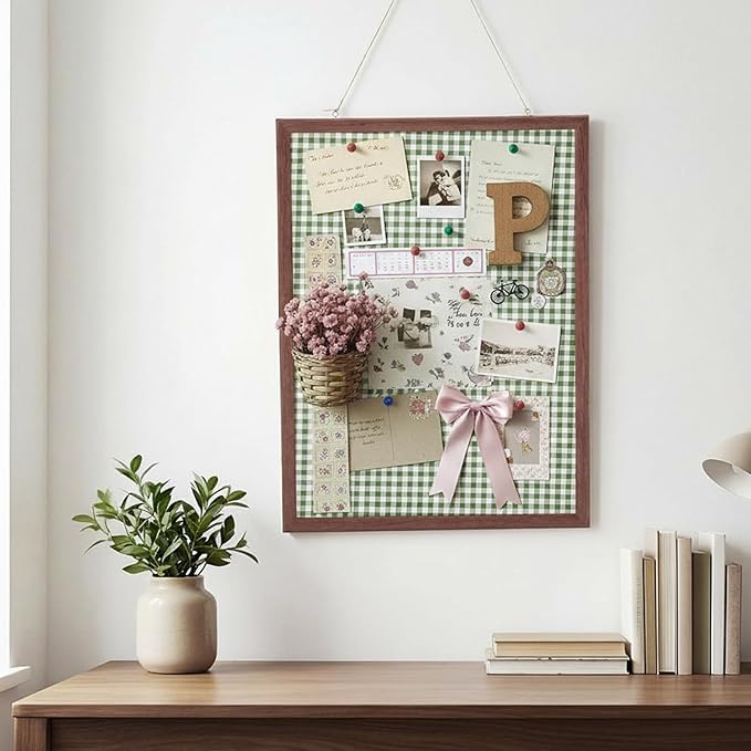 Leinuosen 17 x 23 Cork Board for Walls Decorative Cork Boards Green Gingham Home Decor Small Linen Bulletin Board Framed with Pins for Home Room School Office Decor
