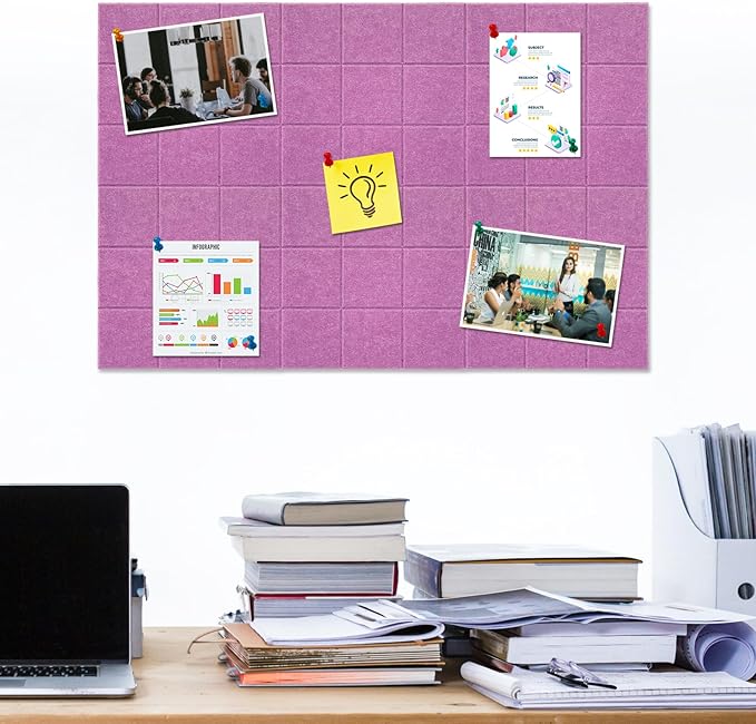 Large Square Felt Cork Board Tiles, Self Adhesive DIY Felt Bulletin Board with 35 Pushpins for Office School Home Wall Decor Stickers Memos Photos (Light Purple)