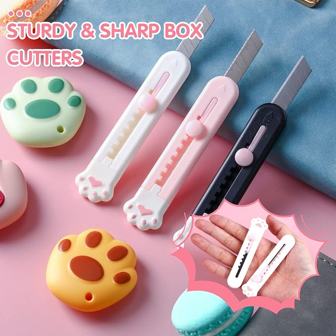 6 Pcs Cute Paw Box Cutter Kawaii Cat Retractable Letter Opener Adorable Tiny Paper Knives Mini Art Utility Knives Portable Carton Cardboard Cut with Hole Smooth Mechanism for Office Home
