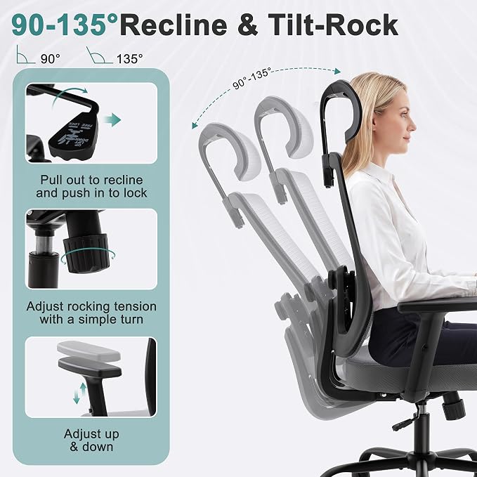Shintenchi Mesh Office Chair, Ergonomic Home Office Desk Chair with Adjustable Lumbar Support, Headrest, 90°-135° Tilt, Computer Chair for Home Office, Gray Task Chair