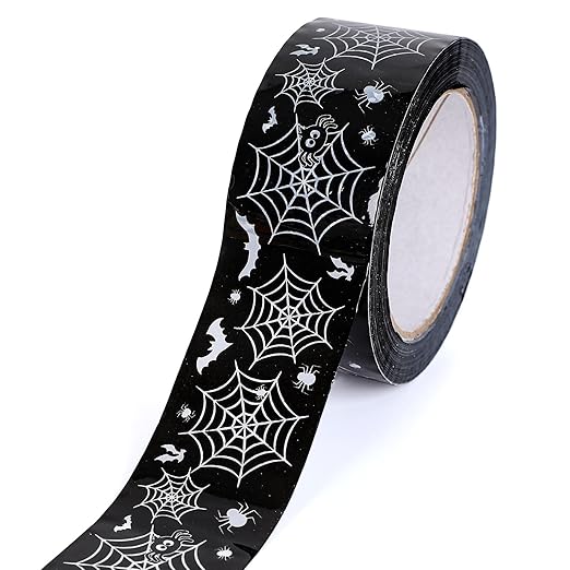 Whaline 109 Yard Halloween Packaging Tape Black Spider Web Bat Spider Pattern Tape Waterproof Shipping Tape for Small Business DIY Crafts Box Carton Decor
