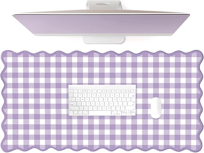 Scalloped‌ Purple Checkered Gingham Desk Mat Cute Pastel Large Mouse Pad Kawaii Cottagecore ‌Vintage‌ Girly Laptop Keyboard Computer Mat Pad Aesthetic Cozy Office Desk Decor for Women
