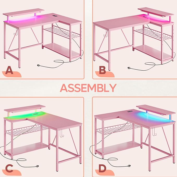 Bestier 42-Inch Pink L-Shaped Gaming Desk with Charging & LED | Charging 2AC+USB+Type-C, RGB LED 20 Colors/22 Modes, Reversible Shelves, Carbon Fiber Texture, Headset Hook, Small Space