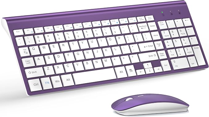 Wireless Keyboard and Mouse Ultra Slim Combo, TopMate - Purple White | 2.4G Silent Compact 2400DPI Mouse and Scissor Switch Keyboard Set with Cover, Batteries Included, for PC/Laptop/Windows/Mac