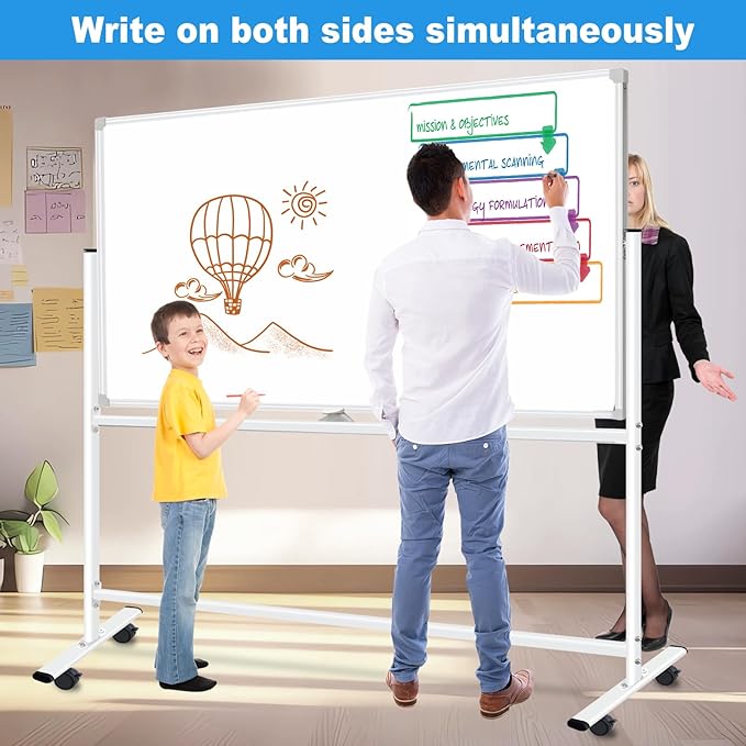 Double Sided Rolling Whiteboard 60 x 48 inch, Large Mobile Whiteboard Magnetic Dry Erase Board Easel Standing Board on Wheels for Office, School, Home, 2 Eraser, 6 Markers, 20 Magnets