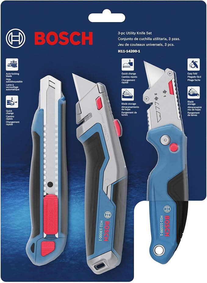 BOSCH H11-14200-1 3-Piece Utility Knife Set | Folding, Snap-Off, and Retractable Knives with Robust Design, Integrated Blade Storage - Includes 7 Blades