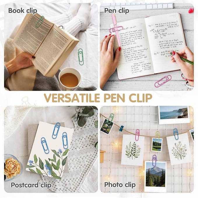 Paperclip Pen Holder for Notebook, 15Pcs Colorful Metal Pen Clip | Multi Function Large Heart Paper Clips Bookmark, Planner Accessories, Journaling Supplies for Office, School Stationery