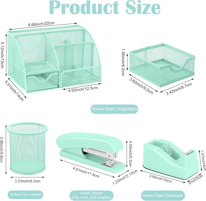 auroray Green Desk Organizers and Accessories, Teal Office Supplies Set Green Mesh Desk Organizer, Stapler, Tape Dispenser, 1000 Staples, Staple Remover, Pen Holder, Clips Set, Ruler, Scissors