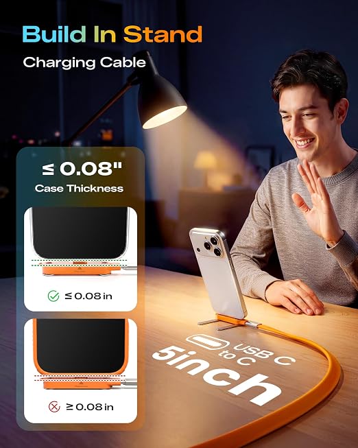 LOOHOI 240W Fast Charging USB-C to USB-C Cable with Built-in Phone Stand | Soft Silicone Invisible Stand Fast Charging Cord for Gaming, Desk Setup & Hands-Free Viewing (5FT, Orange)