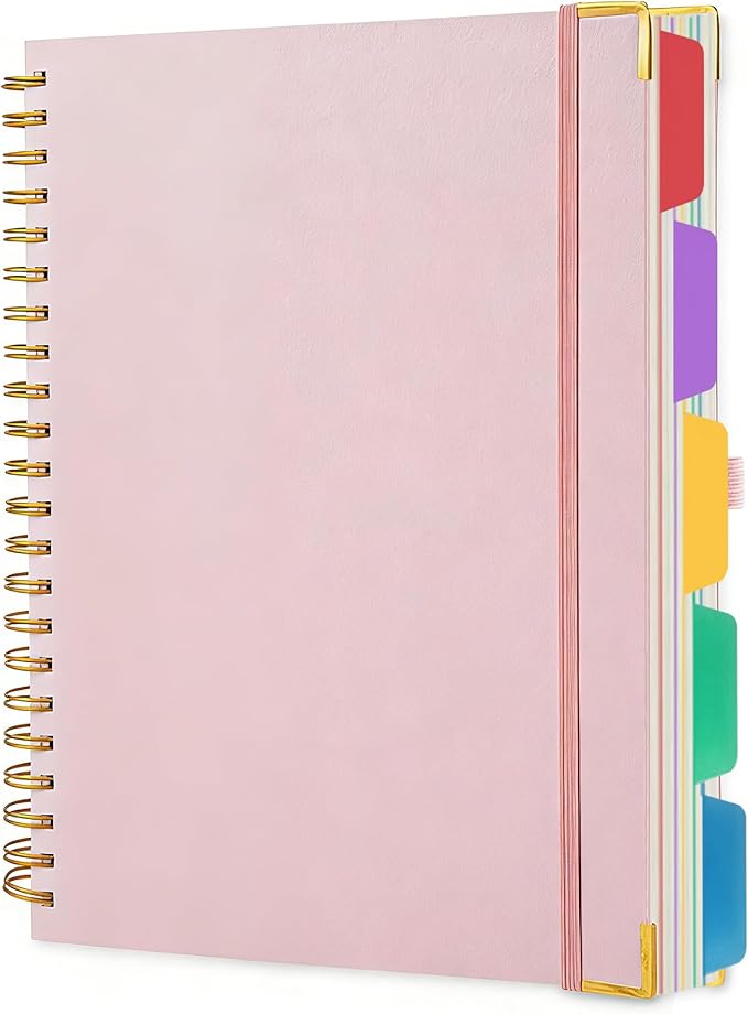 Hardcover Spiral Notebook With Removable Divider Tabs, B5 Notebooks College Ruled, 110 GSM Thick Lined Paper 5 Subject Notebooks for Work, School, 300 Pages Journals for Writing Pink B5DT