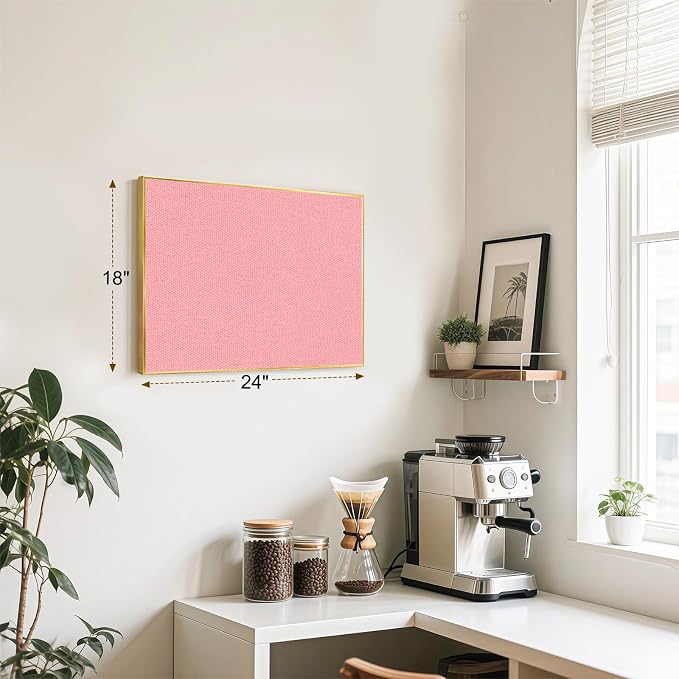 Linen Bulletin Board, 24"x18" Decorative Fabric Pin Board Vision Board | Gold Aluminum Frame, Upgraded Pink Canvas Surface, Wall Mounted, for Home Office Bedroom Dorm Wall Decor