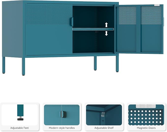 Metal Storage Cabinet,2 Door TV Stand, Metal Mesh Accent Cabinet | Magnetic Door Closure,Low Storage Cabinets with Doors and Shelf for Home,Office,Living Room