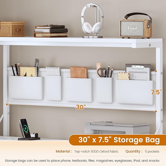 SEDETA Corner Computer Desk, Reversible L Shaped Computer Desk with Fabric Drawers and Power Outlet, 47.2” Gaming Desk with LED Lights, Storage Shelves and Hutch, White