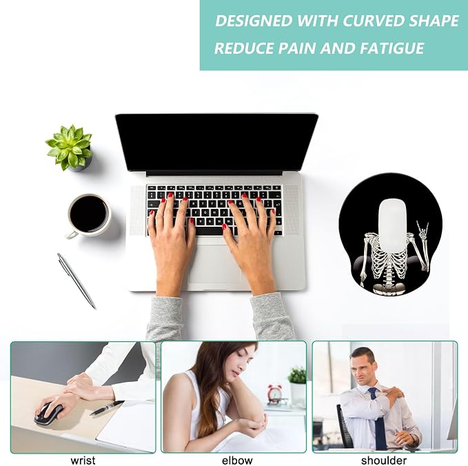 Mouse Pad with Wrist Support, Ergonomic Mouse Pad with Memory Foam Wrist Rest Cushion, Non-Slip Rubber Base Gaming Mice Pad for Home Office Computer Laptop, Human Skeleton