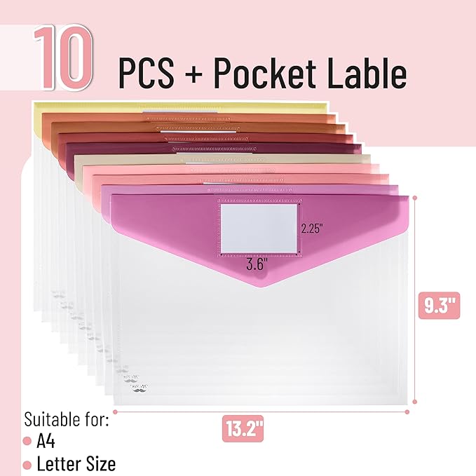 Mr. Pen- Clear Plastic Envelopes, 10 Pack, A4, Letter Size, Colorful, Clear Folders for Documents Plastic Envelopes for Documents