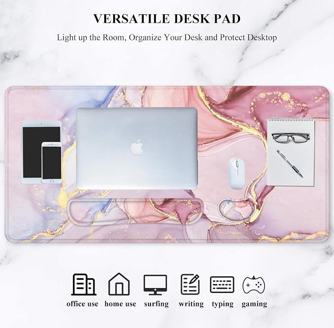 Large Mouse Pad with Wrist Rest, 4-in-1 Wrist Rest for Keyboard and Mouse | Non-Slip Waterproof Desk Mat Set, 35.4"x15.7" Desk Mat+Keyboard Wrist Rest+Mouse Wrist Support+Cup Coaster for Home Office