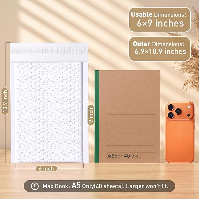 𝟒𝟎%𝟎𝐟𝐟 Bubble Mailers 6x10" 100Pack: Self Seal Mailing Envelopes White | Padded Envelopes Usable Size 𝟔𝐱𝟗 for Small Business - Waterproof Tear-Resistant - Shipping Bags for Jewelry Holiday Gifts