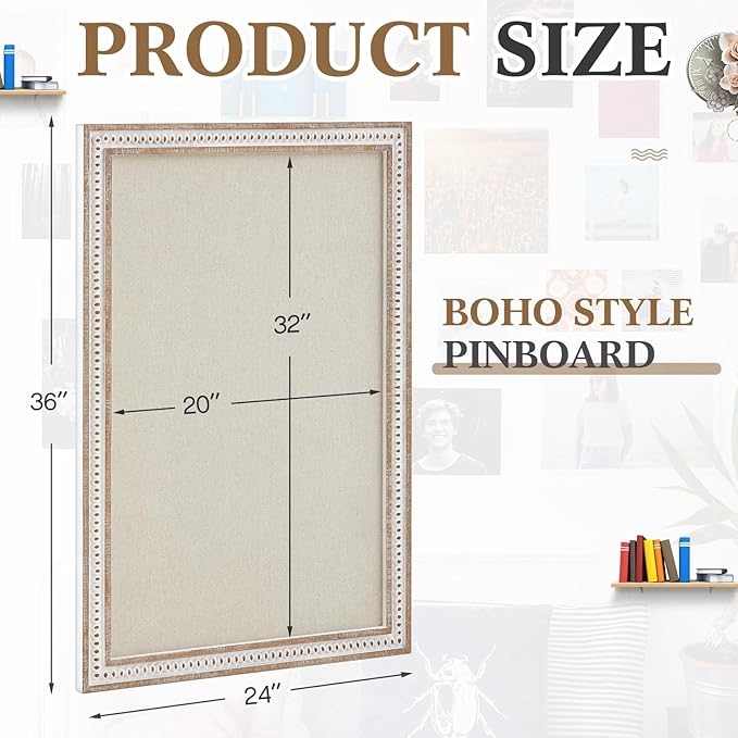 Vintage Framed Pin Board Linen Display Bulletin Board Large Ornate Fabric Picture Photo Pinboard Memo Decorative Prayer Pinboard Ornate for Wall Gift(Rectangle,24" X 36",Retro White)