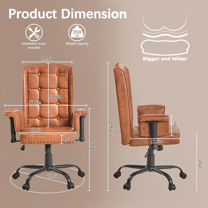 VECELO Modern Executive Office Chair with Wheels, Comfy Modern Task Chair with Adjustable Arms & Back, Ergonomic, Durable, Sturdy, Easy to Clean, Breathable Desk Chair for Home, Office, Deep Brown