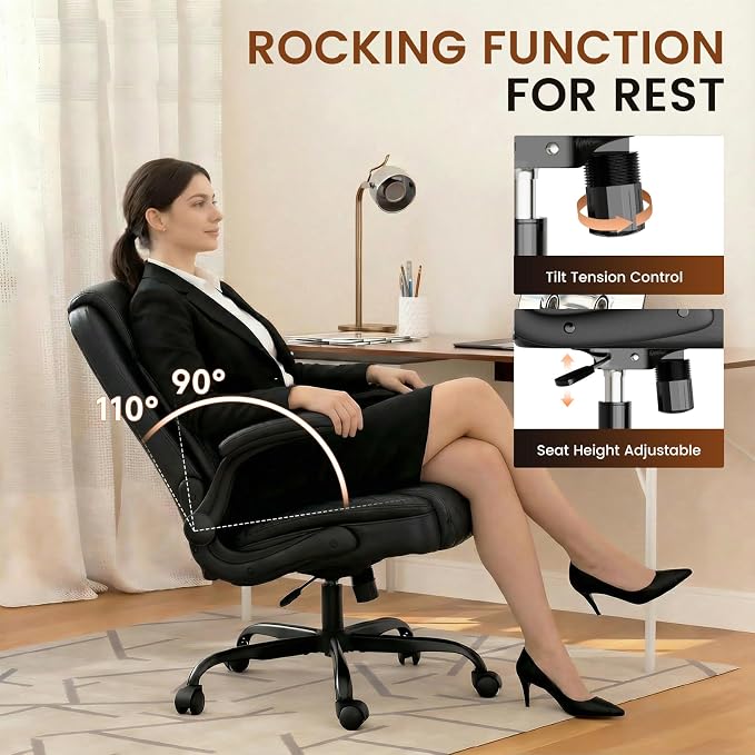 GTPLAYER PU Leather Office Chair, Home Desk Chair with Flip-up Arms, Black | Ergonomic Back, Comfy Executive Chair for Home Office Gaming, Flexible Rocking, Heavy Duty Chairs